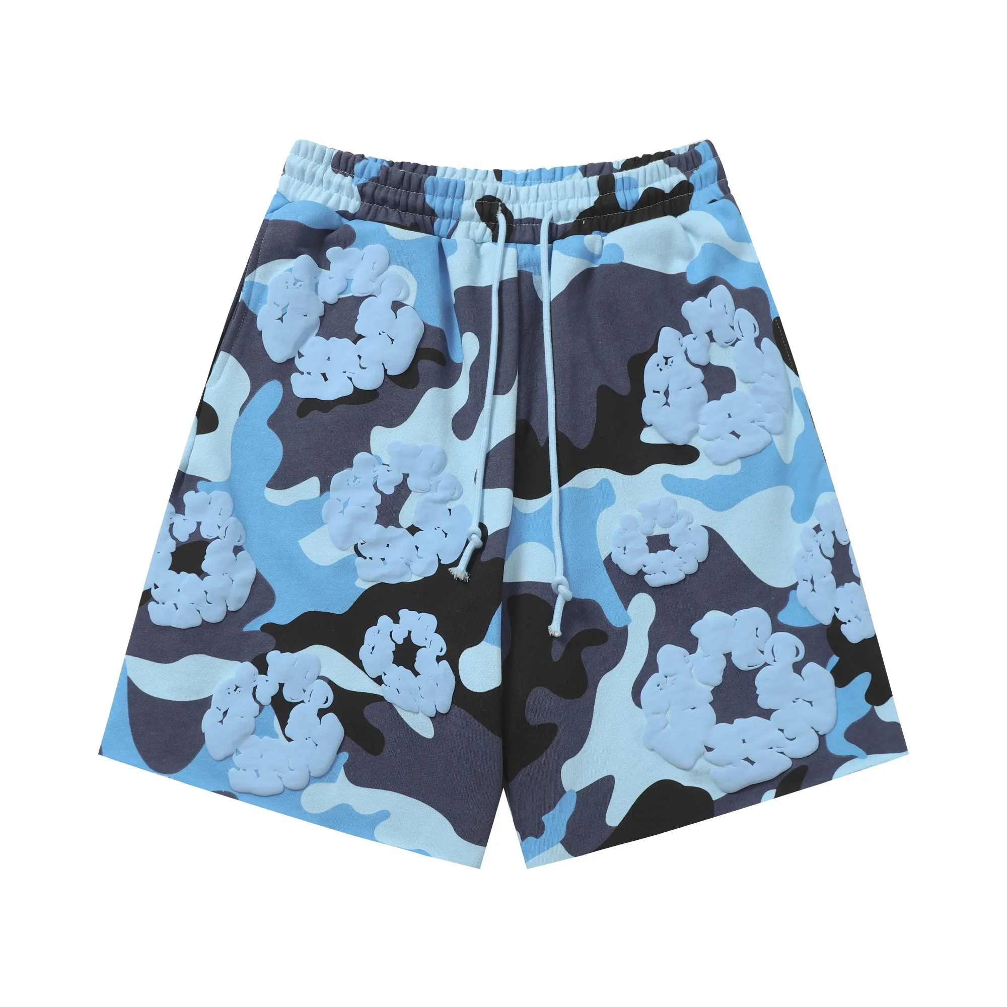 8208# DENIM TEARS Kapok European and American trendy brand high-quality foam flocking camouflage printed shorts Color Camouflage blue Camouflage powder Camouflage gray Camouflage apricot Camouflage green Size S-XL